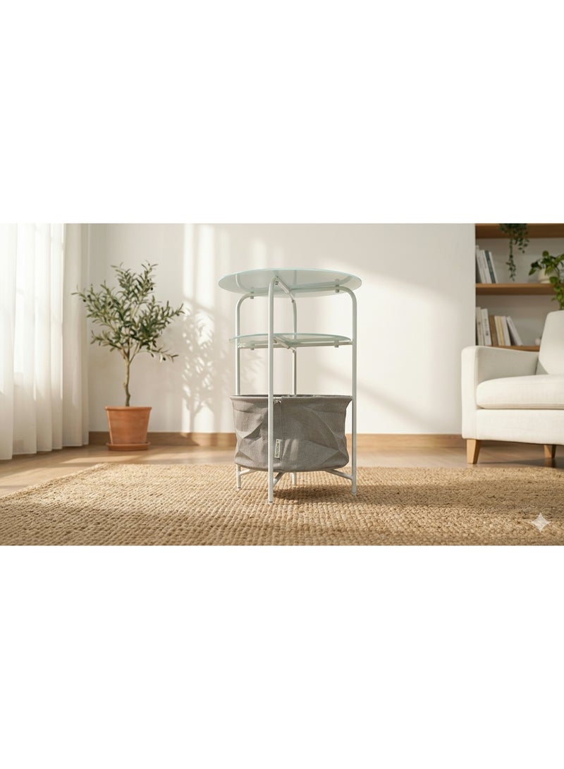 3-Tier Modern Outdoor Side Table with Frosted Tempered Glass Tops and Integrated Storage Basket - Image 5